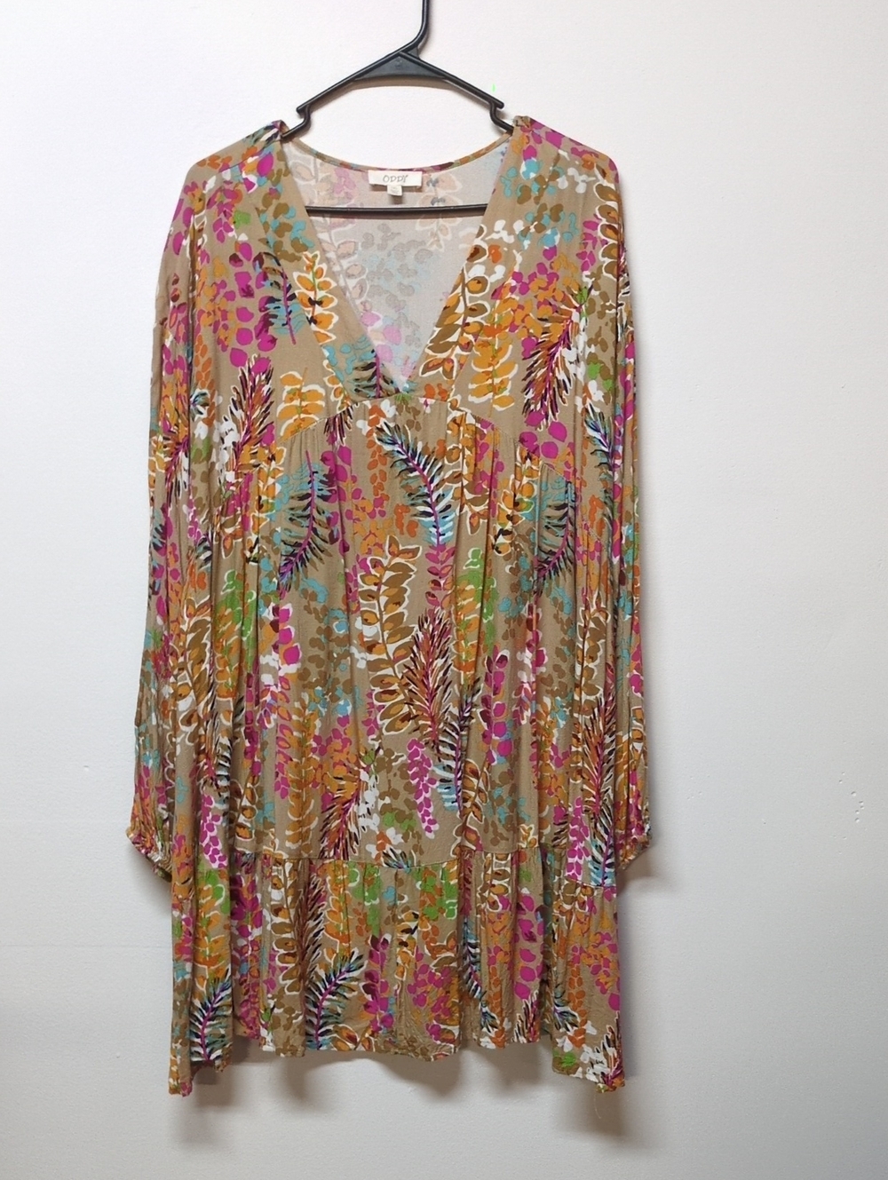 Oddy Floral Ruffle Tan Multicolor Shift Dress, Size 1XL
